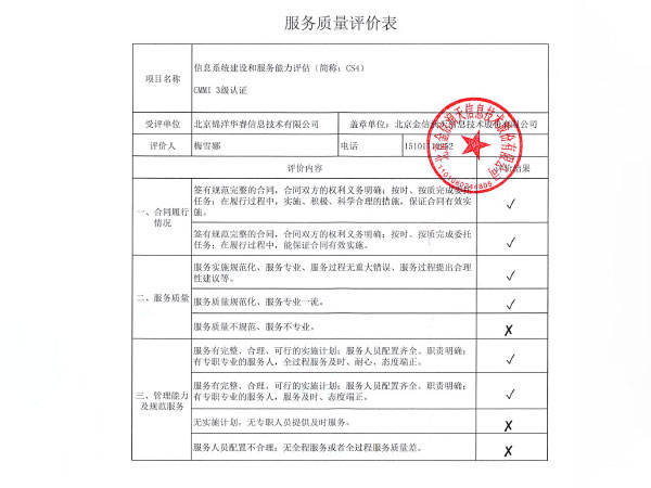 北京金信潤天信息技術股份有限公司服務質量評價表